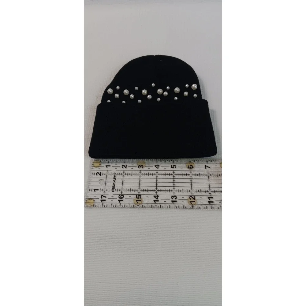 Black‎ Knit Cuffed Beanie with Faux Pearl and Flower Accents Headpiece
